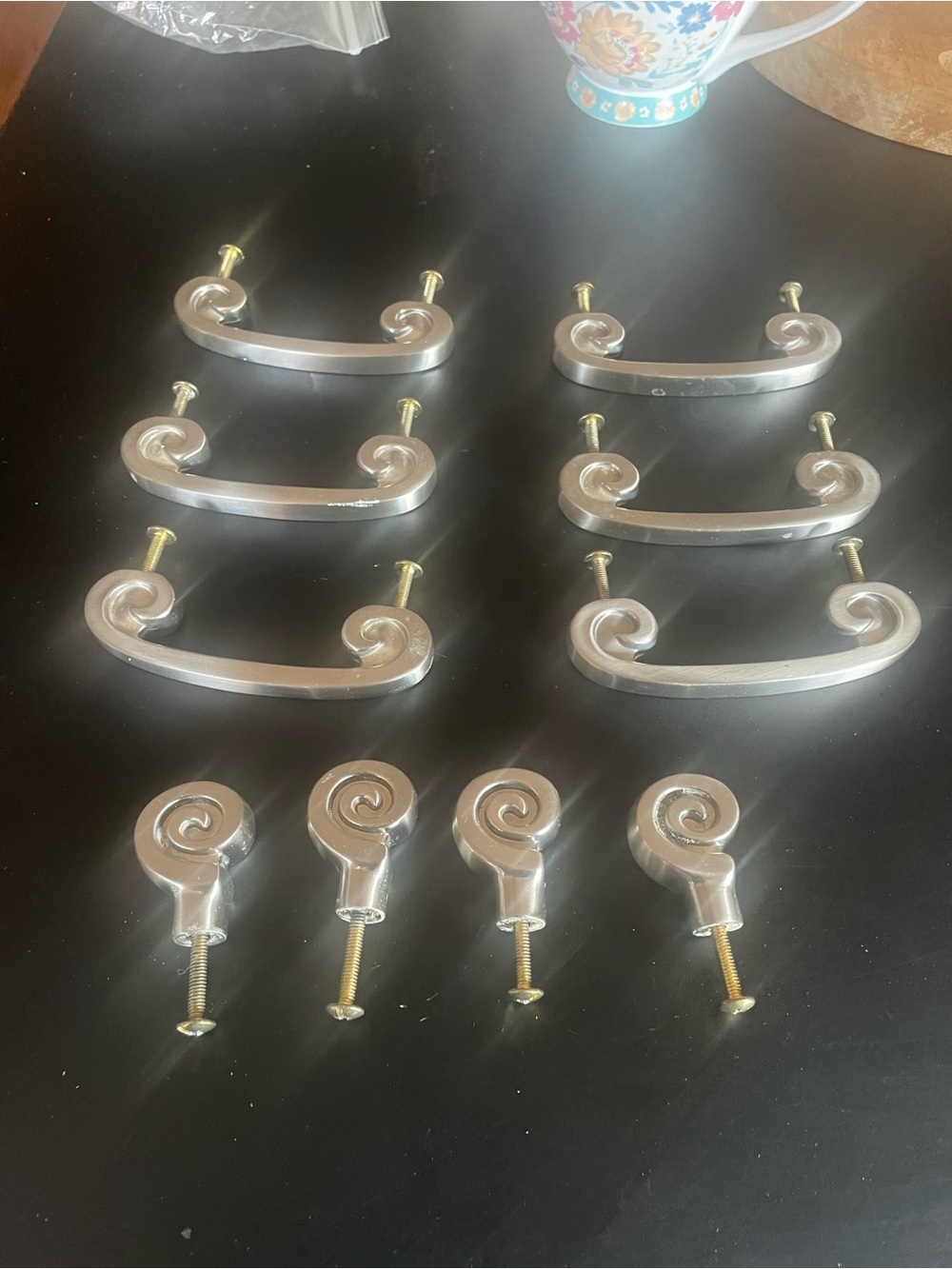 Swirl-Design Satin Nickel Drawer Pulls and Matching Knobs - Set